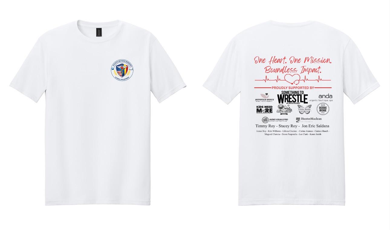 Front and back of the Hearts Beyond Borders sponsorship t-shirt
